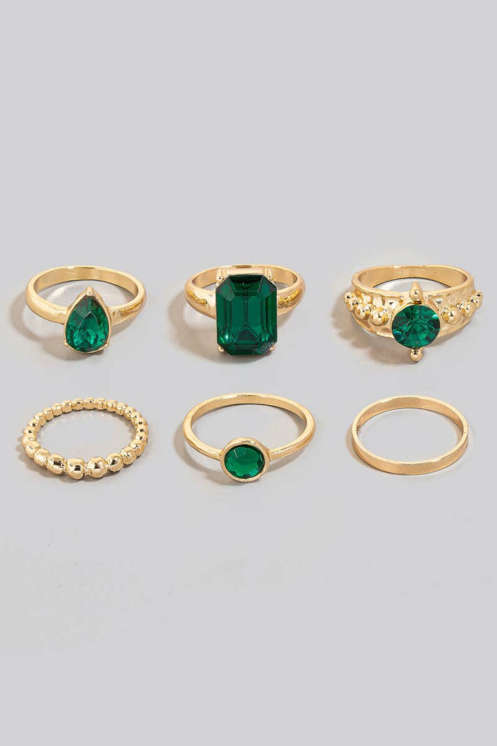 Mixed Faceted Green Gems Metallic Band Rings Set