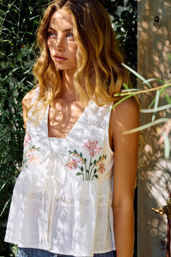 Embroidered Floral Tie-Front Peplum Vest