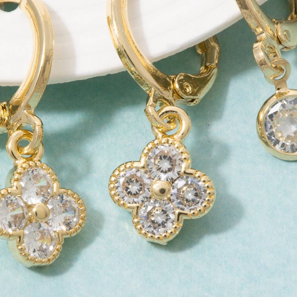 Cz Clover And Ball Charm Hoop Earring Set