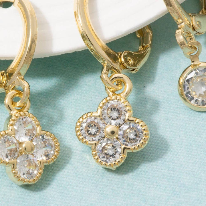 Cz Clover And Ball Charm Hoop Earring Set