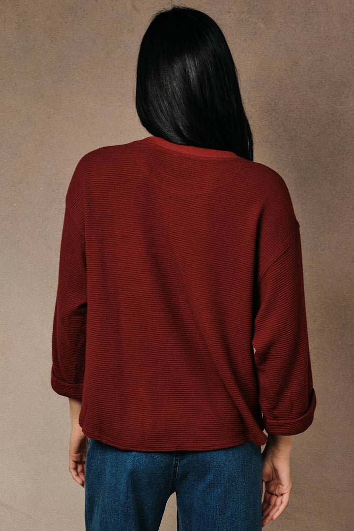 Round Neck 3/4 Cuffed Sleeve Pocket Ribbed Knit Top