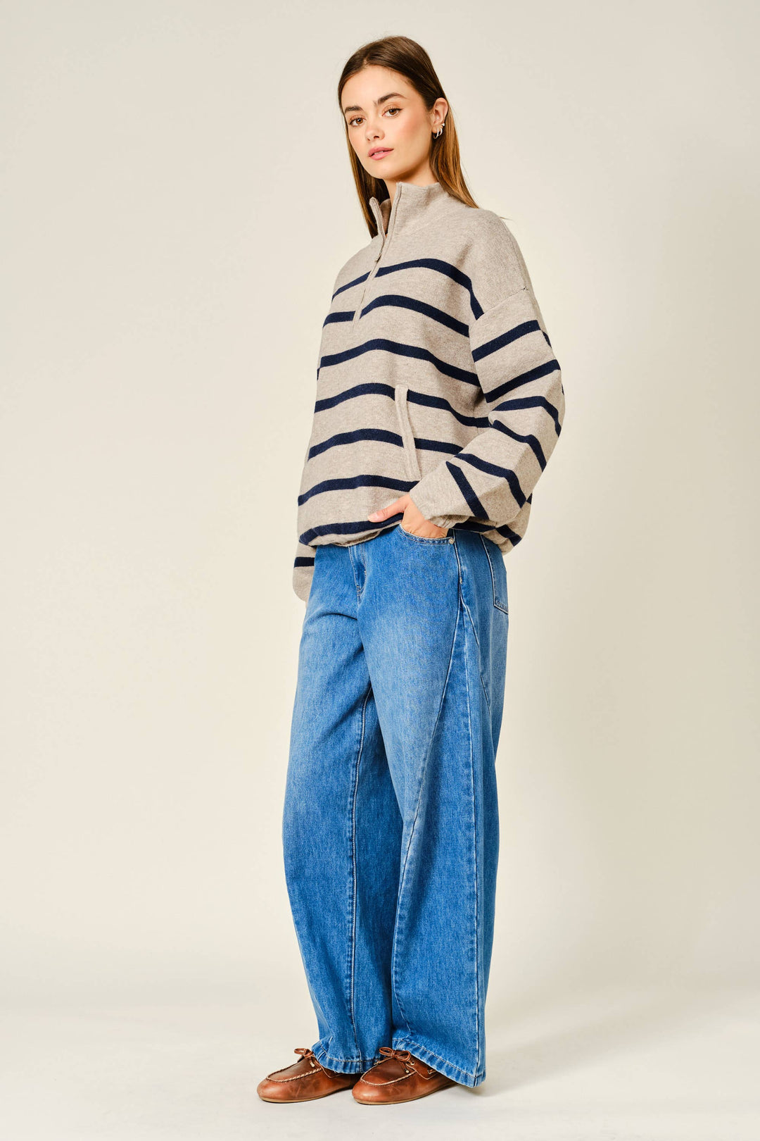 Mary Ann Striped Mock Neck Zip-Up Sweater
