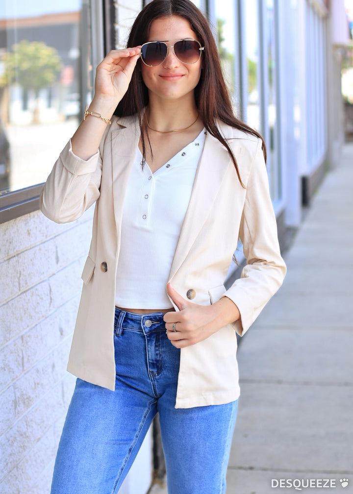 Natural 3/4 Cuff Collared Blazer