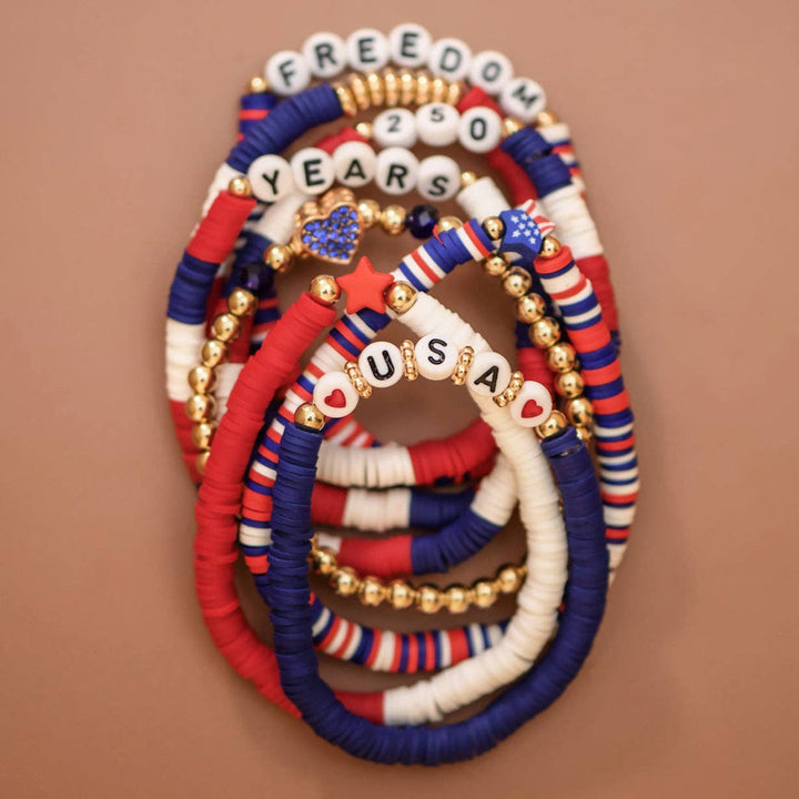 Patriotic USA 250 Years Freedom Layered Bracelet Set