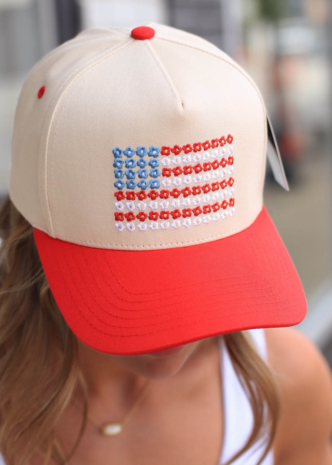 Floral American Flag Embroidered Two-Tone Denim Trucker Hat