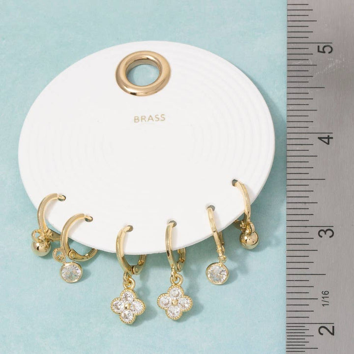 Cz Clover And Ball Charm Hoop Earring Set