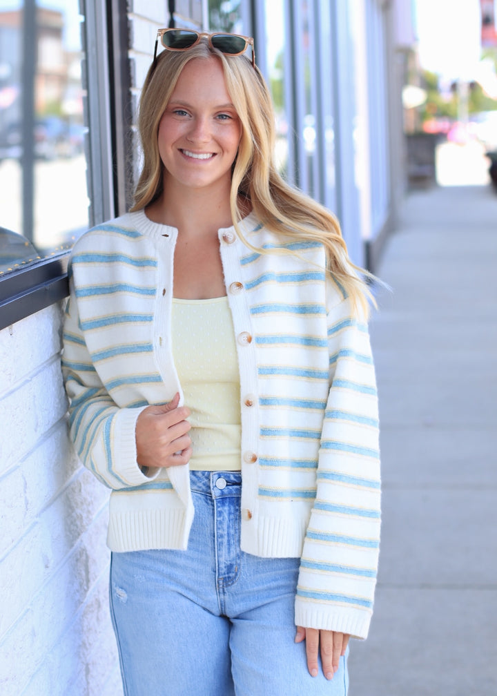 Ivory Multi Stripe Button-Up Cardigan