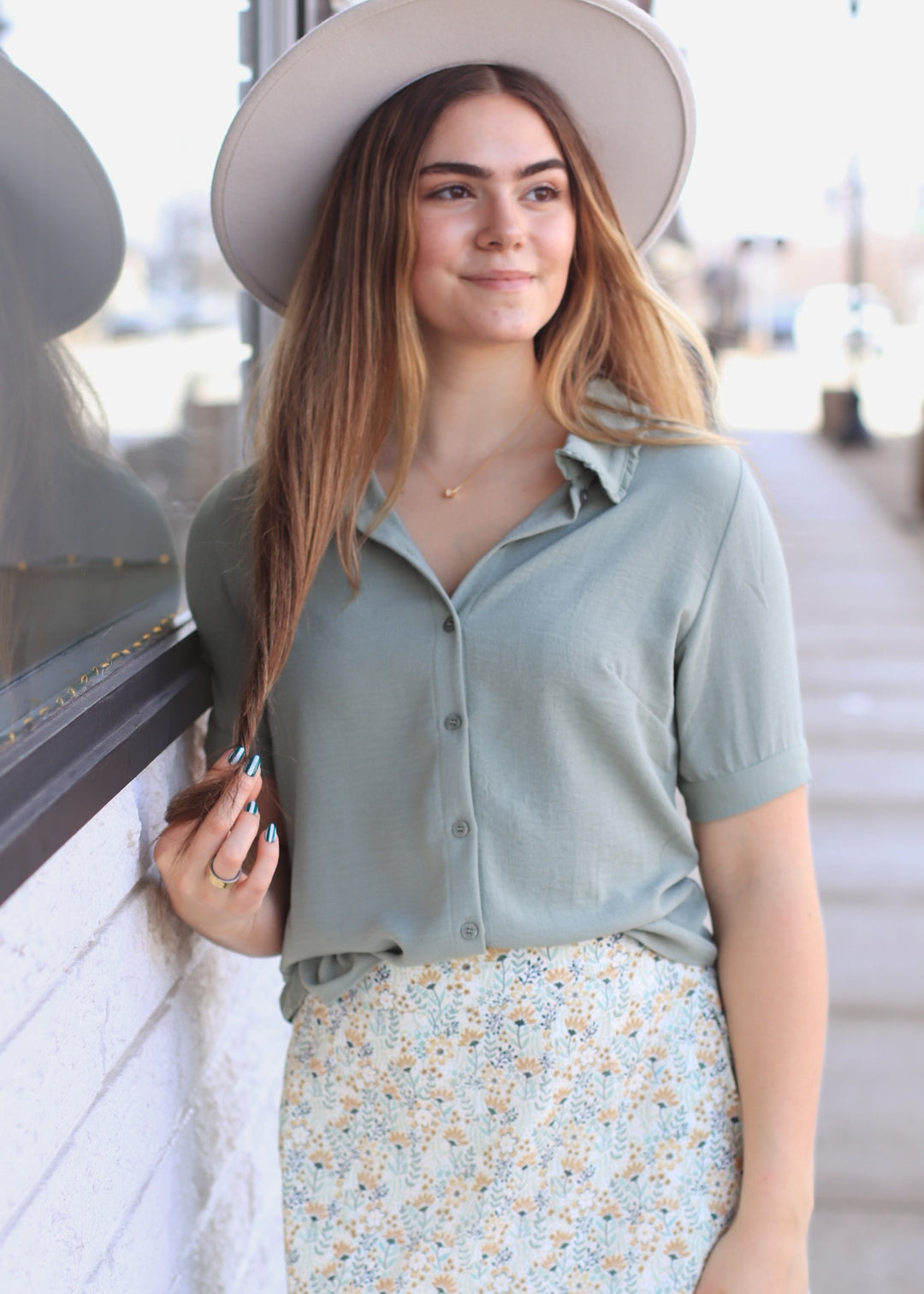 Optimistic Ruffled Collared Blouse in Fog Green