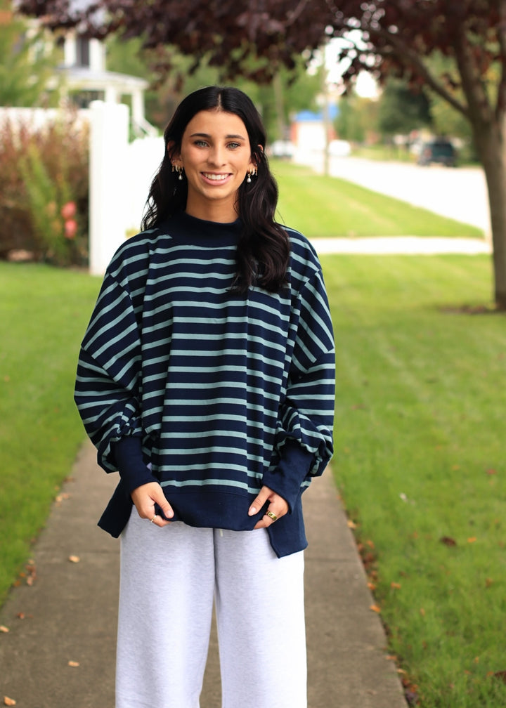 Striped Mock Neck Sweatshirt- Navy/Green