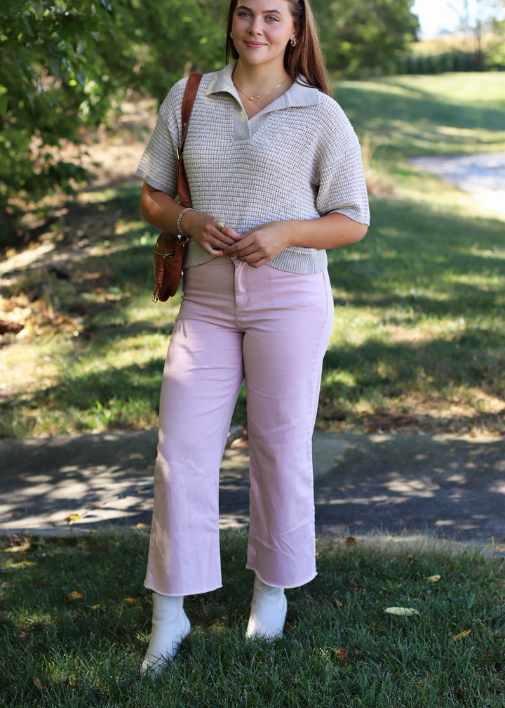 Dusty Pink Cotton Twill Wide Leg Ankle Pant