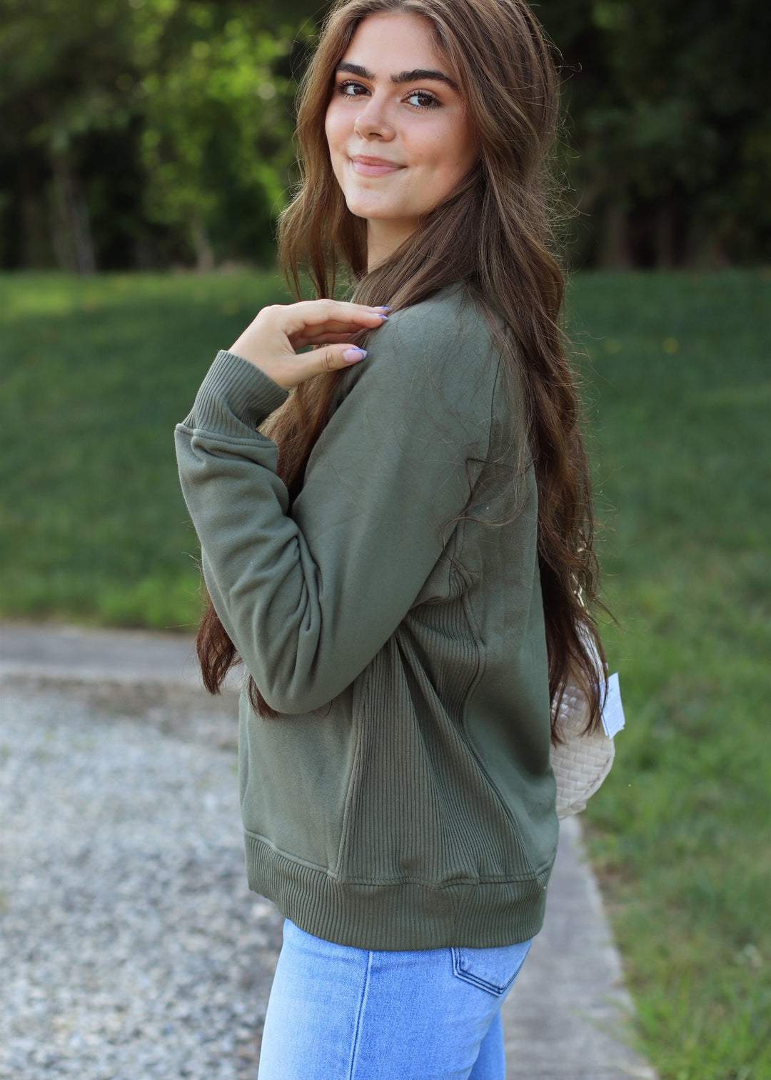 The Lottie Fleece Raglan Sweatshirt in Lt Olive