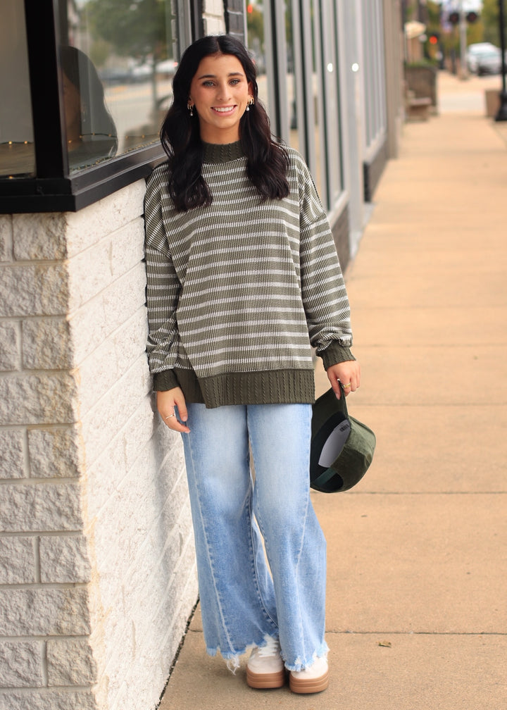 Olive Striped Mock Neck Knit Top