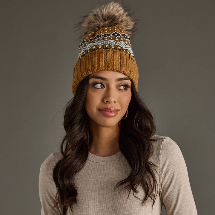 Camel, Black, White & Blue Patterned Pom Hat