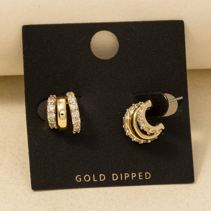 Gold Dipped Cz Pave Wide Layered Hoop Earrings