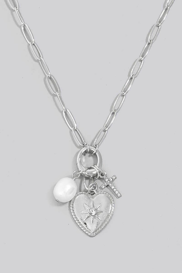 Pearl Cross And North Star Heart Charms Chain Necklace