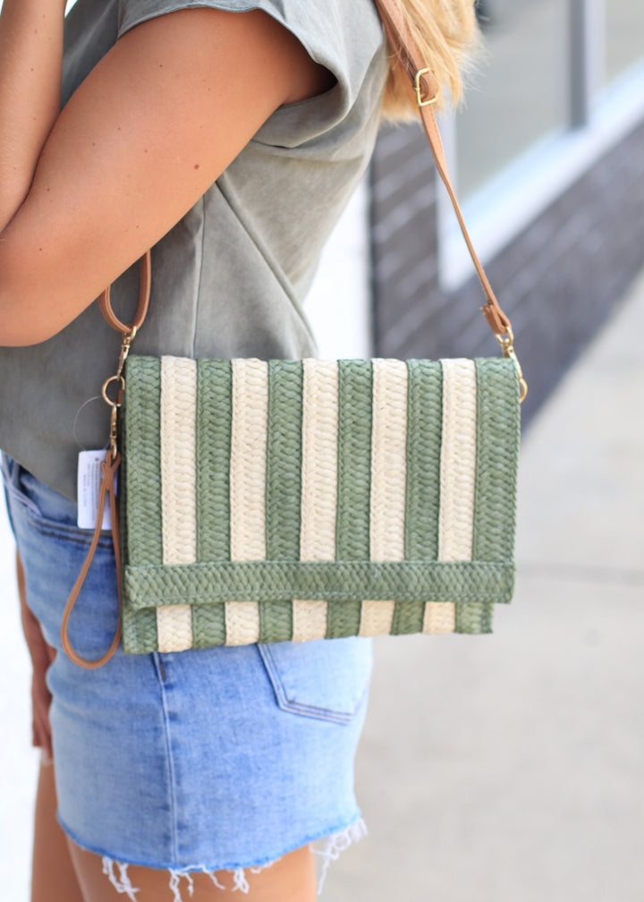 Two Tone Striped Straw Clutch Bag
