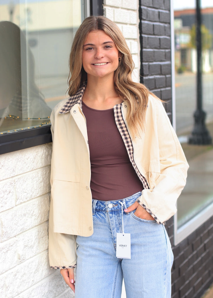 Vintage Oxford Canvas Twill Fall Jacket With Gingham Collar