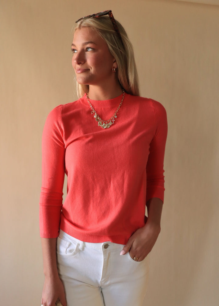 Coral Pink Fine Gauge Pullover Mock Neck