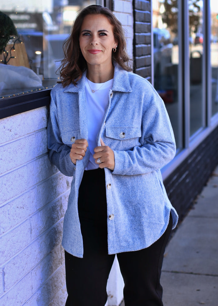 Fall Season Two Tone Shacket in Denim Blue