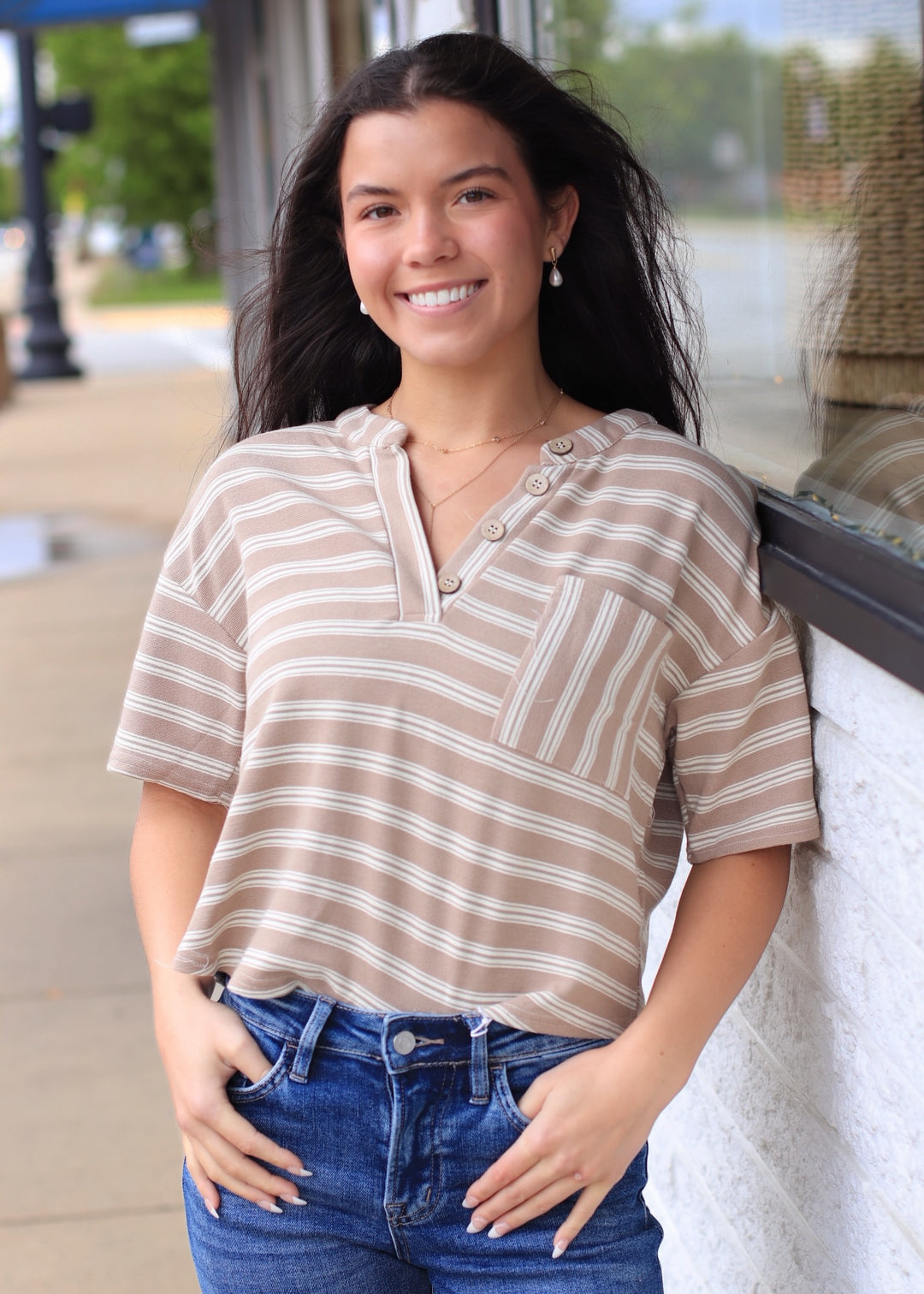 The Cream & Sugar Stripe Box Henley Top