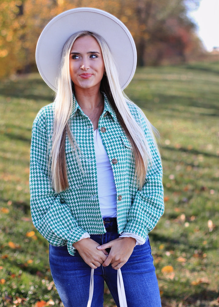 RESTOCKED Houndstooth Tweed Button-Up Jacket