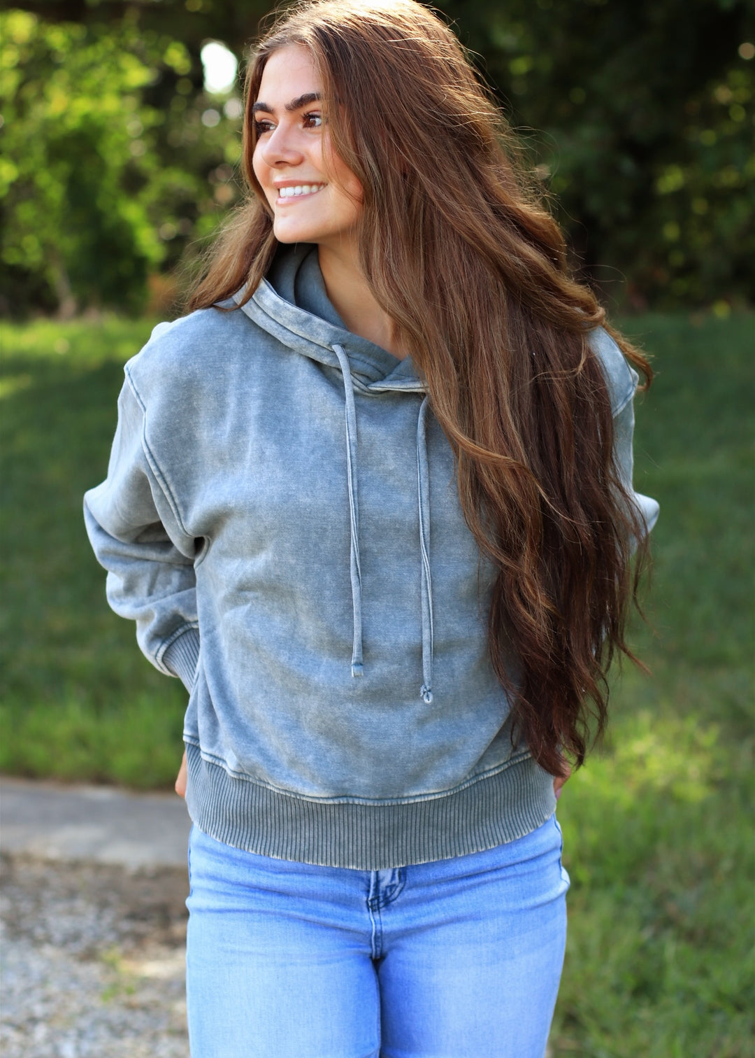 Ash Jade Acid Wash Fleece Cropped Hoodie