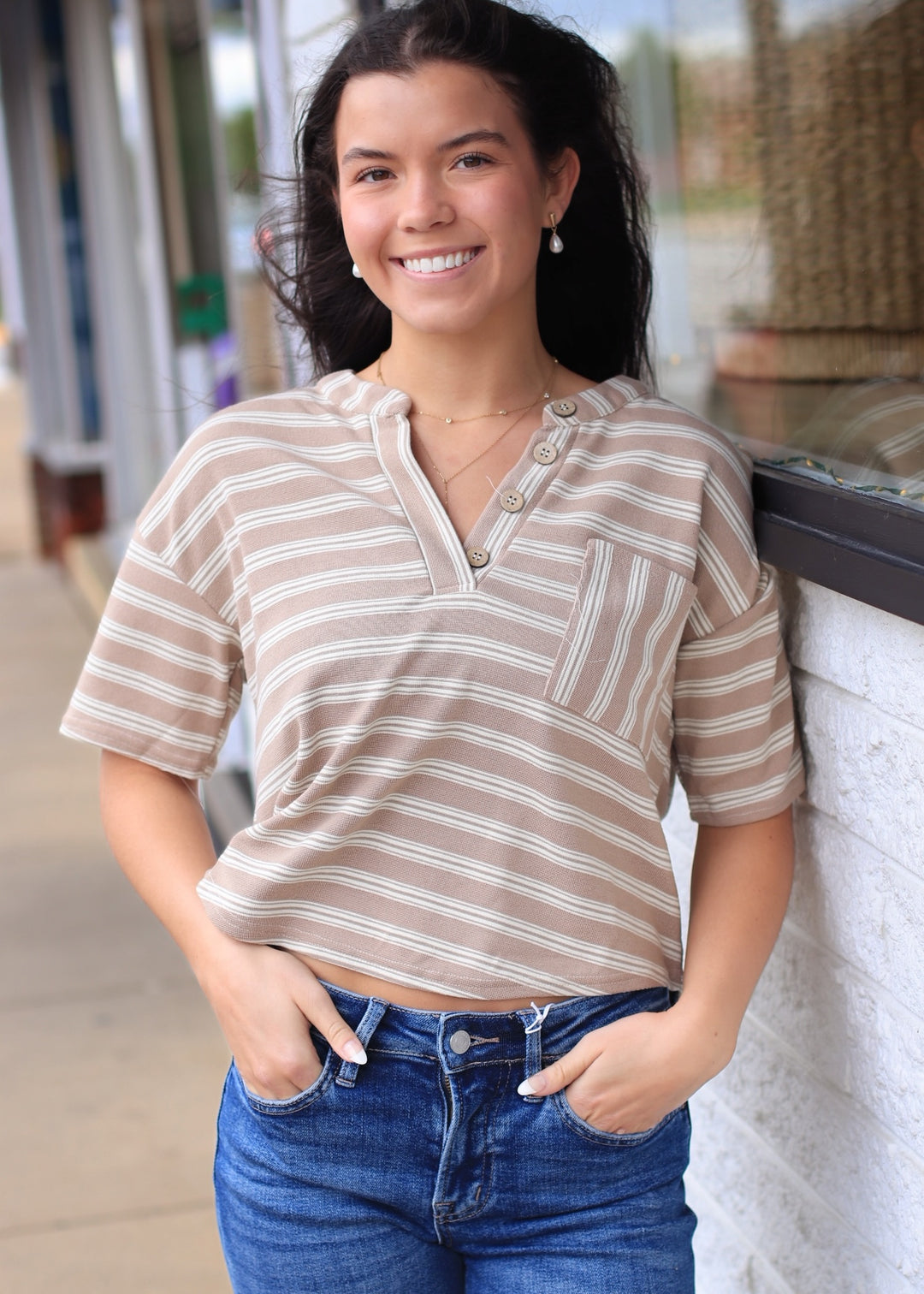 The Cream & Sugar Stripe Box Henley Top