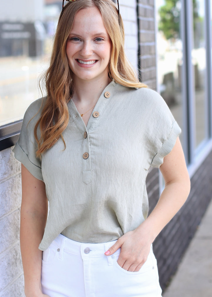 Olive Grove Cuff Sleeve Linen Top