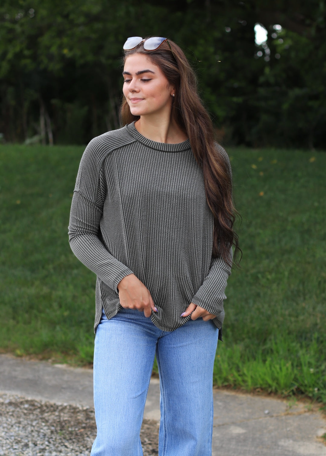 Raised Rib Relaxed Top in Dark Green