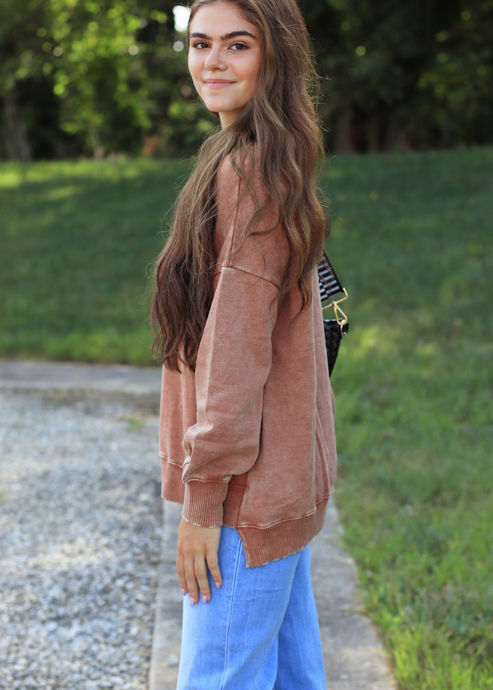 Rust Acid Wash Fleece Pullover with Pockets