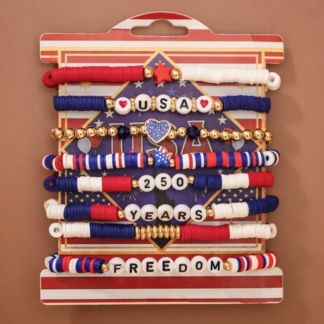 Patriotic USA 250 Years Freedom Layered Bracelet Set