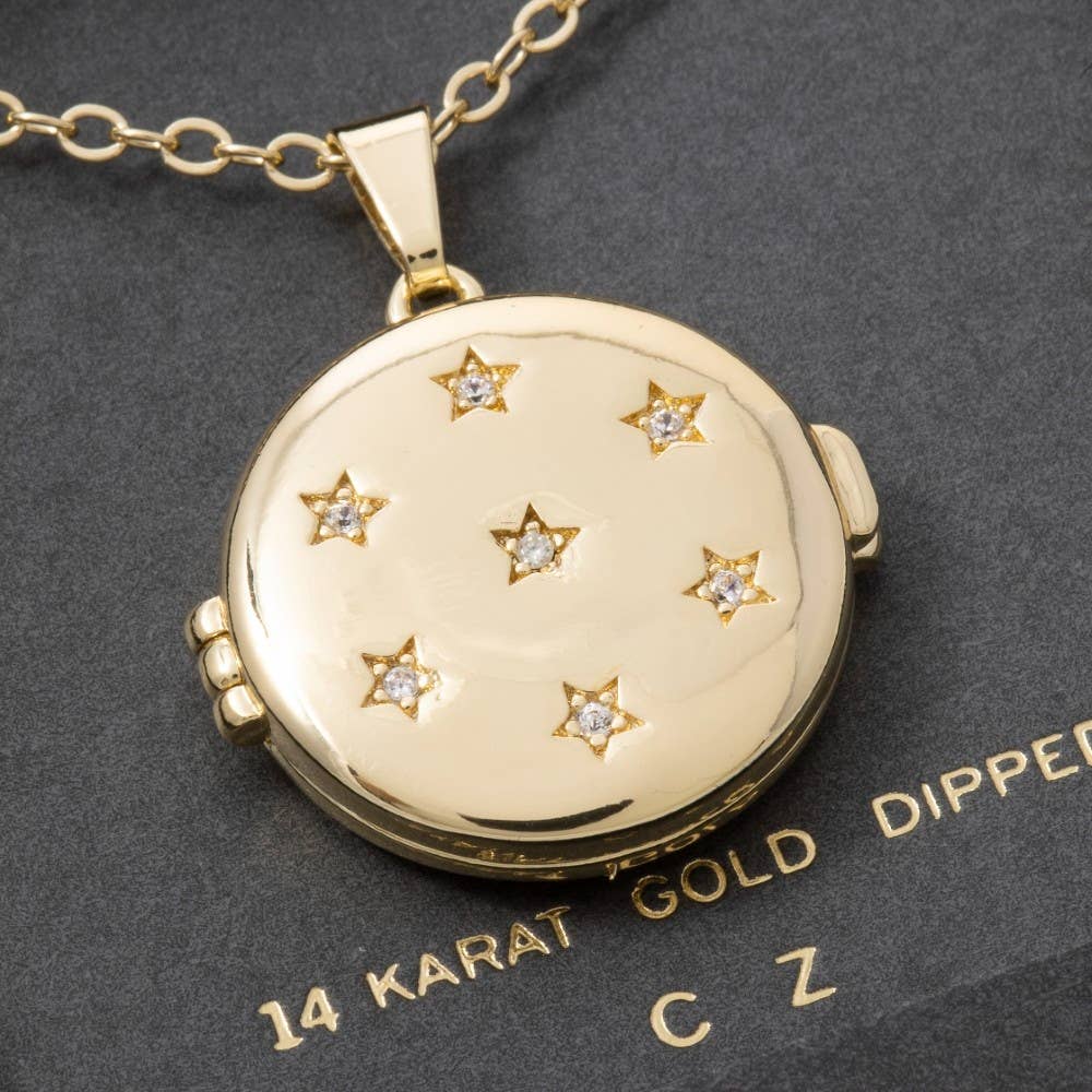 14K Gold Dipped Cz Star Round Locket Necklace