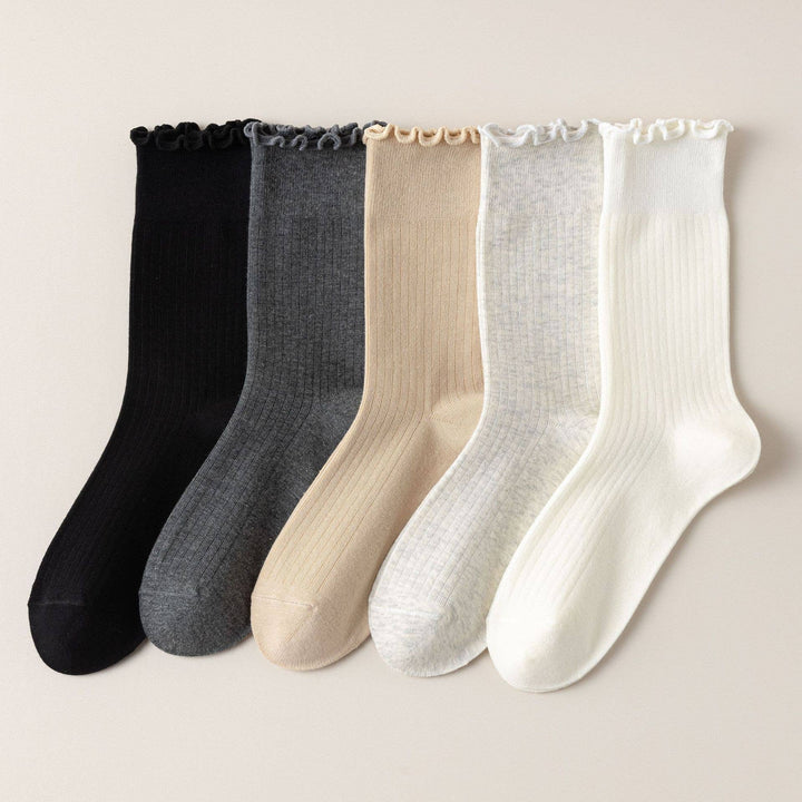 Vertical Stripes Thin Solid Ruffle Crew Sock