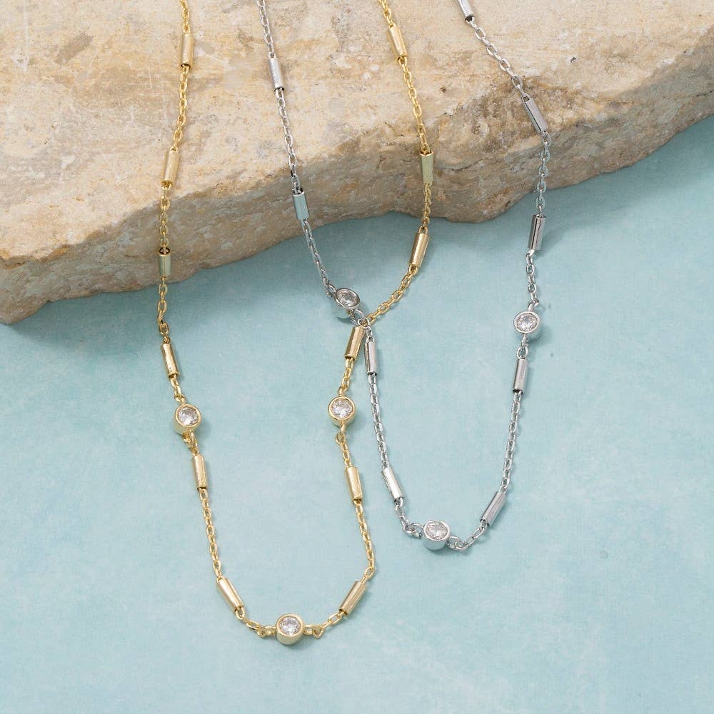 Cz Station Bar Chain Necklace