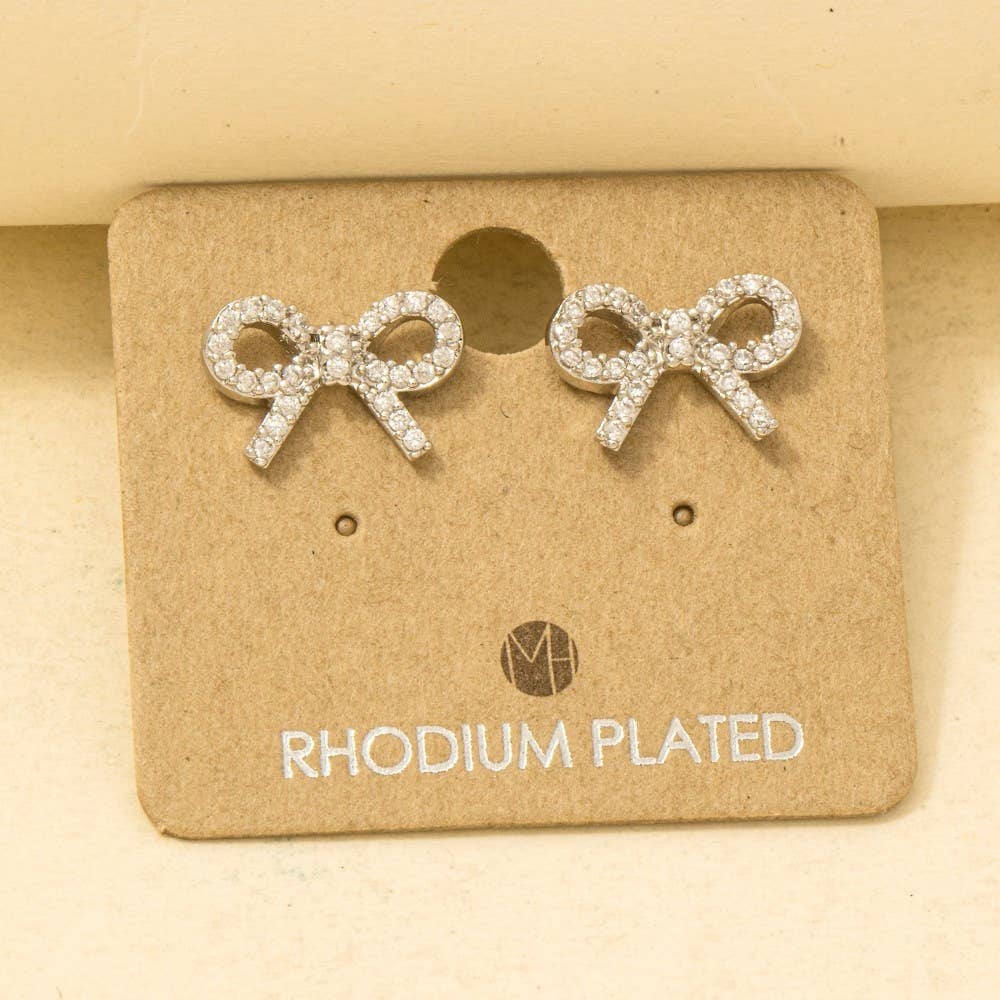 Gold Dipped Cz Pave Ribbon Bow Stud Earrings