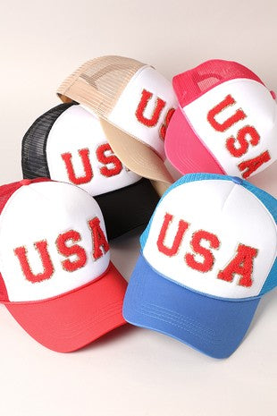 Usa Chenille Patched Trucker Hat Panel With Lining - Red