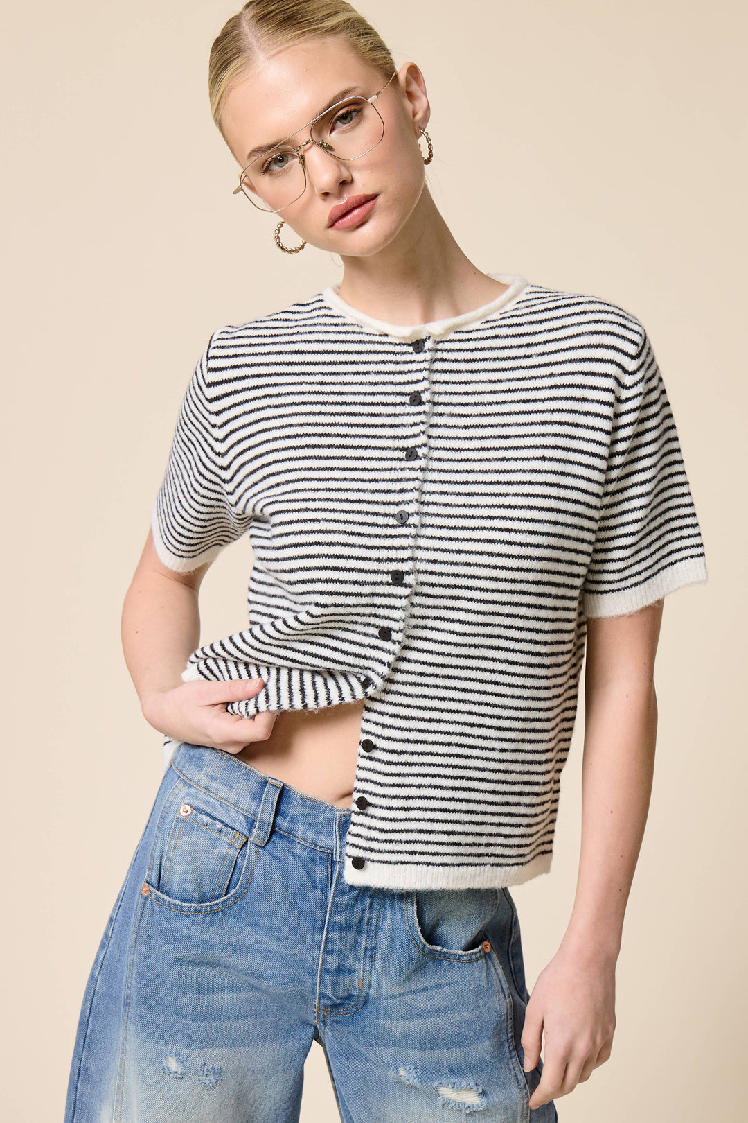 The Lucy Stripe Cardigan in Navy