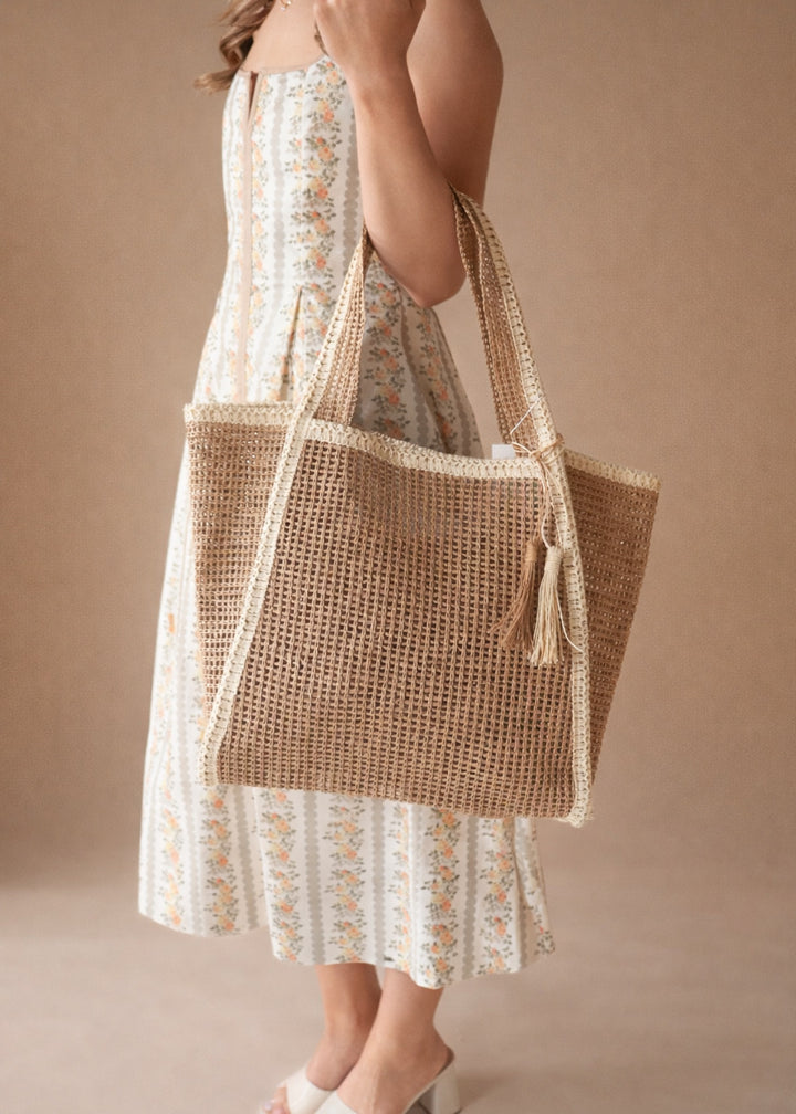 Tan Two Tone Woven Straw Tote Bag