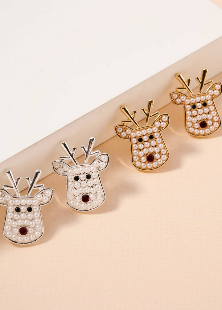 Pearl Reindeer Stud Earrings | Holiday Christmas Earrings