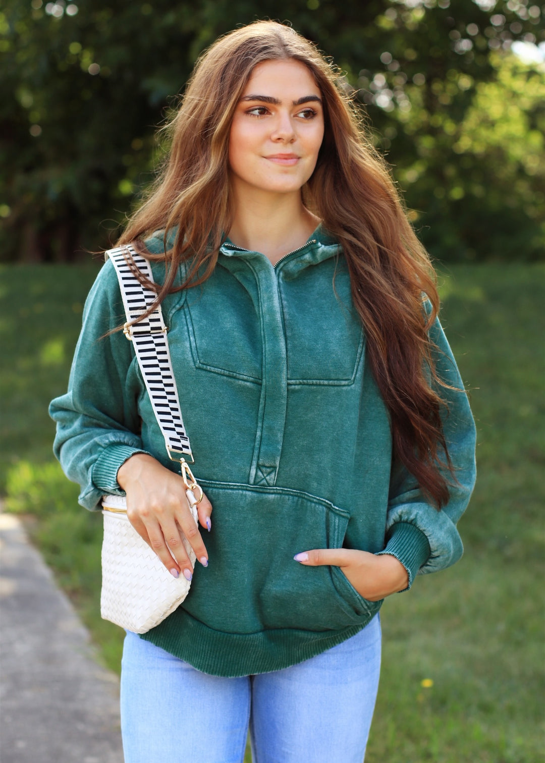Deep Green Quarter Zip Acid Wash Fleece Oversized