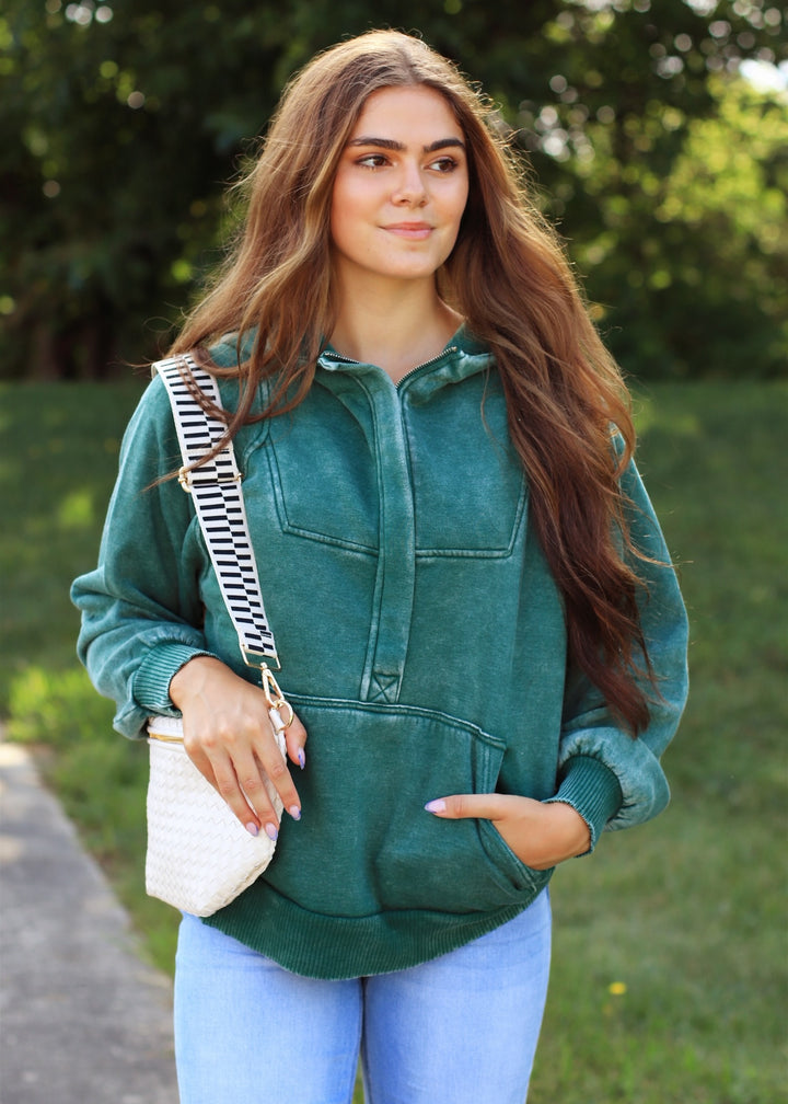 Deep Green Quarter Zip Acid Wash Fleece Oversized