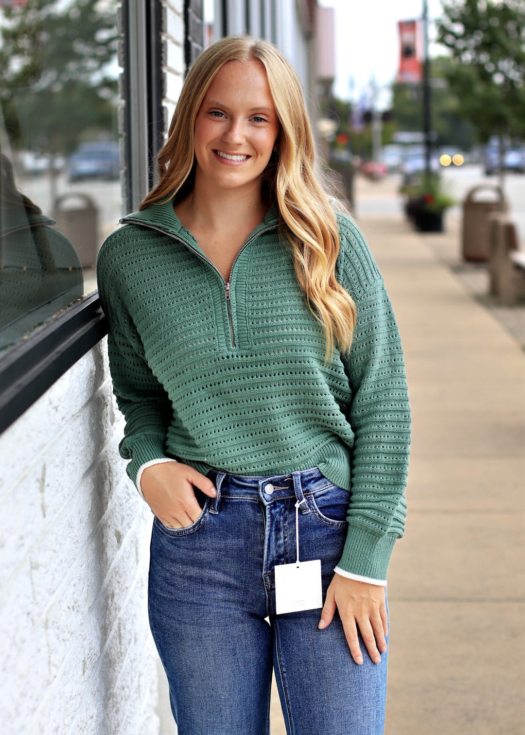 Mountain Air Crochet Texture Half-zip Cotton Blend Sweater