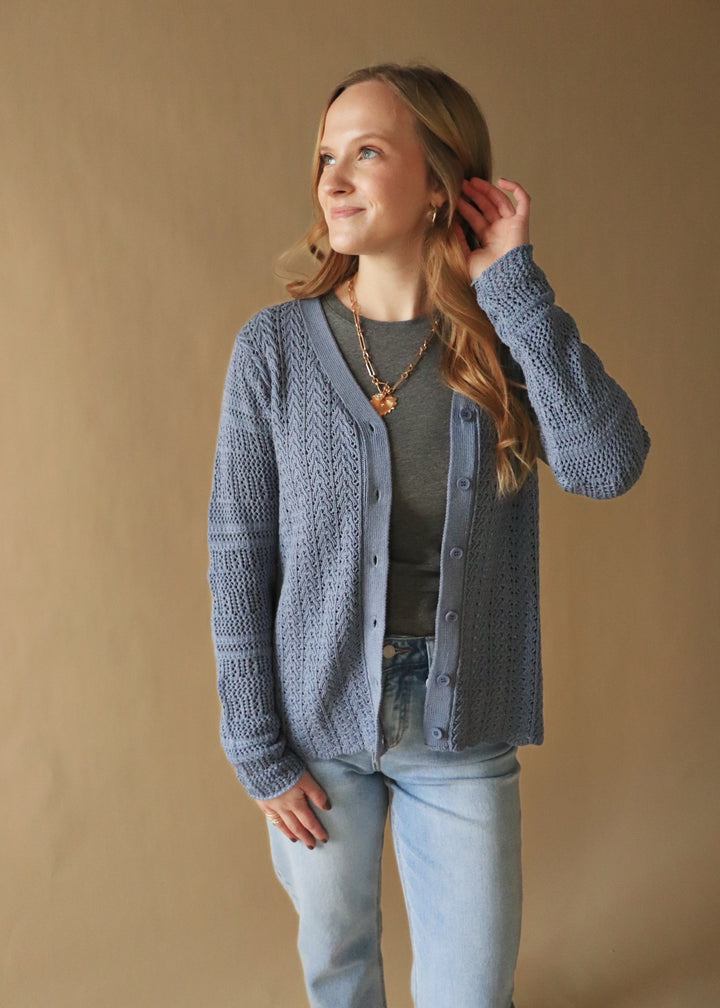 Anna Open Knit Sweater in Stone Blue