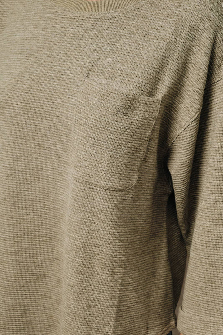 Round Neck 3/4 Cuffed Sleeve Pocket Ribbed Knit Top