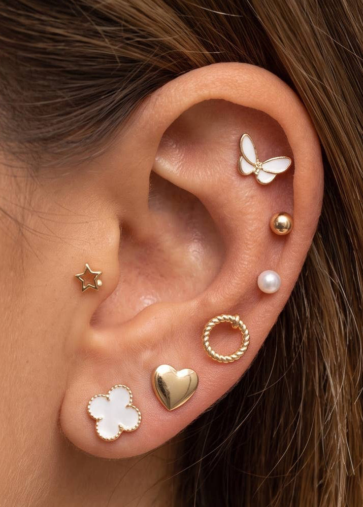 Butterfly Heart And Star Stud Earrings 9 Pair Set