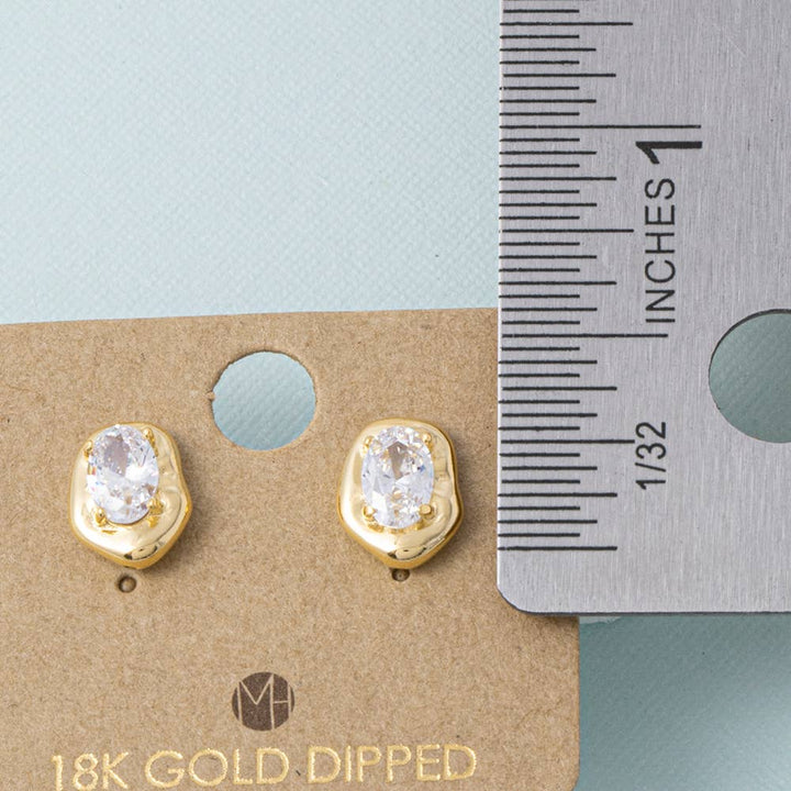 18K Gold Dipped Oval Cz Molten Frame Stud Earrings