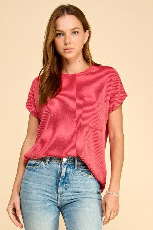 Solid Ribbed Top With Pockets in Red