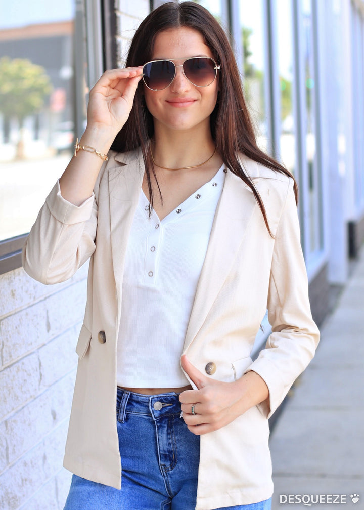 Natural 3/4 Cuff Collared Blazer