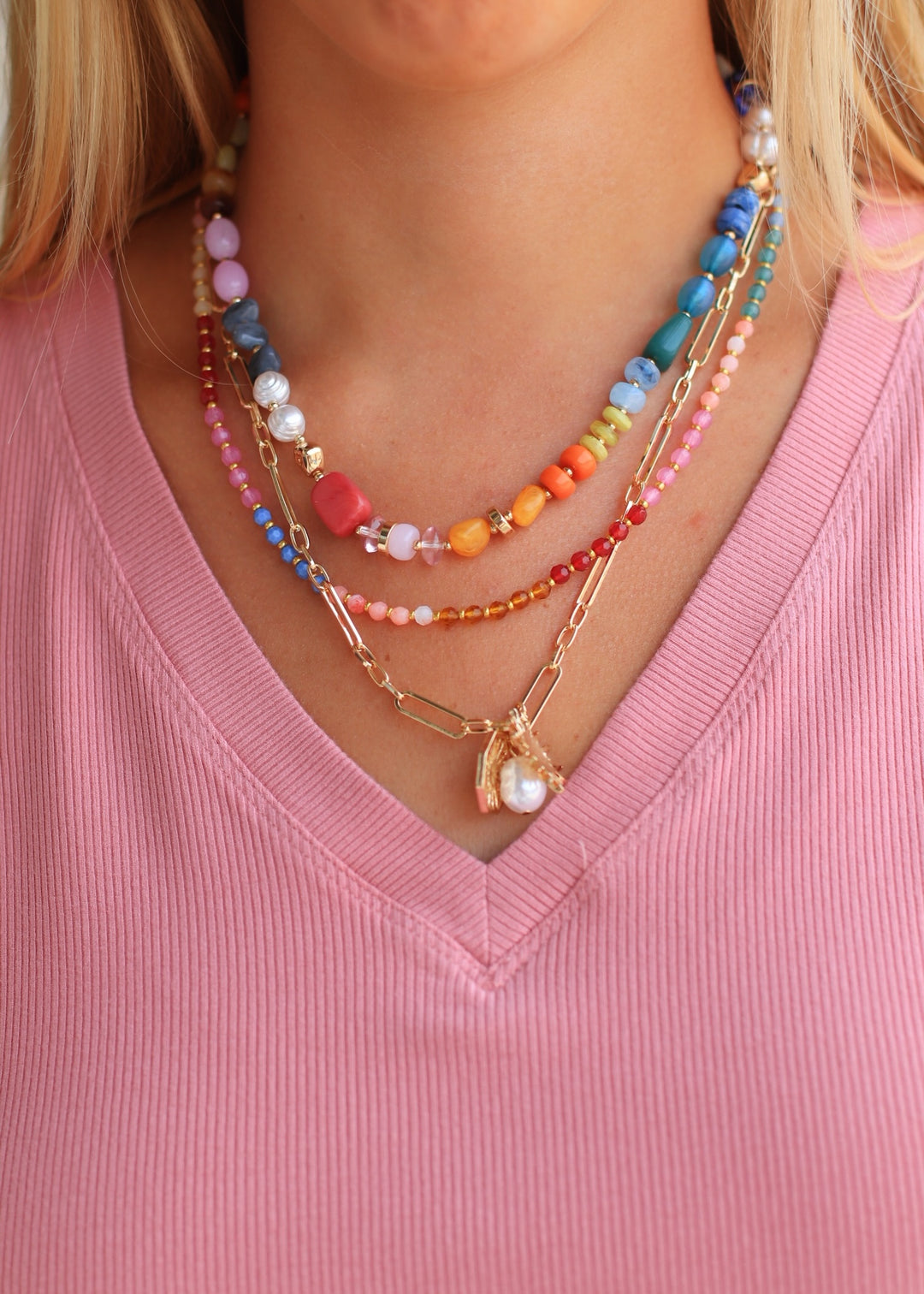 Layered Beaded and Chain Necklace with Sun and Pearl Charms | Gold Accent Design