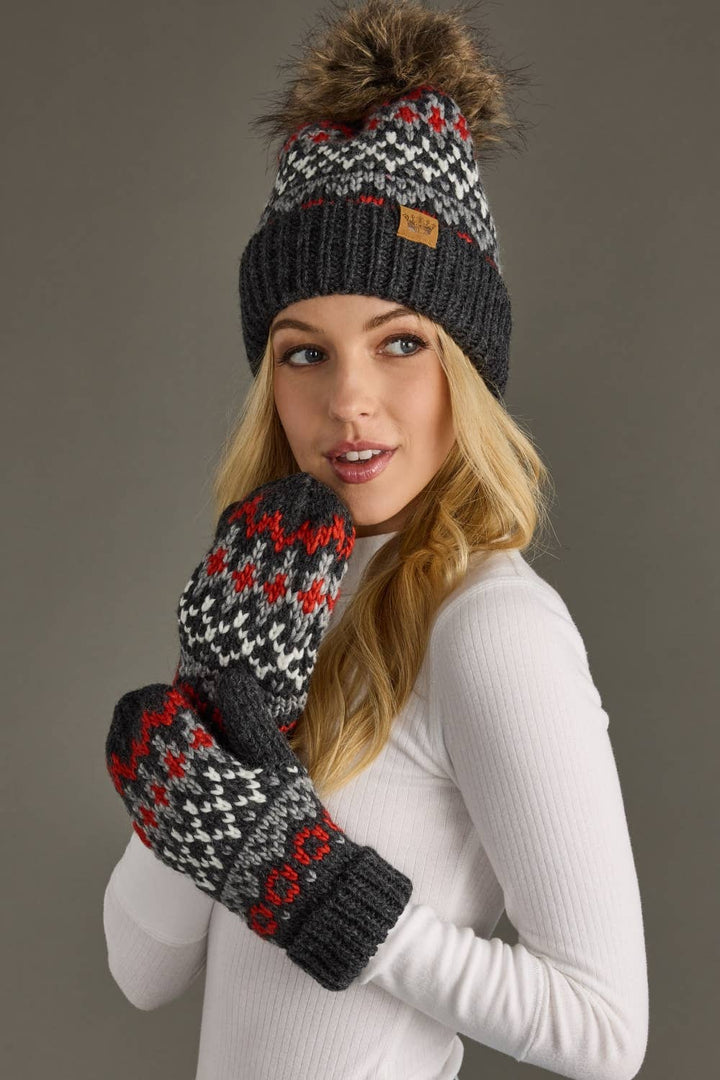 Dk. Gray, Red & White Winter Pattern Pom Hat
